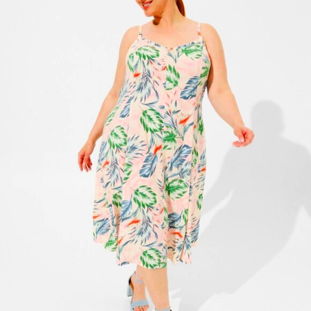 ❤️NWT TORRID MIDI TRAPEZE POCKETS DRESS - SLEEVELESS TROPICAL LEAVES